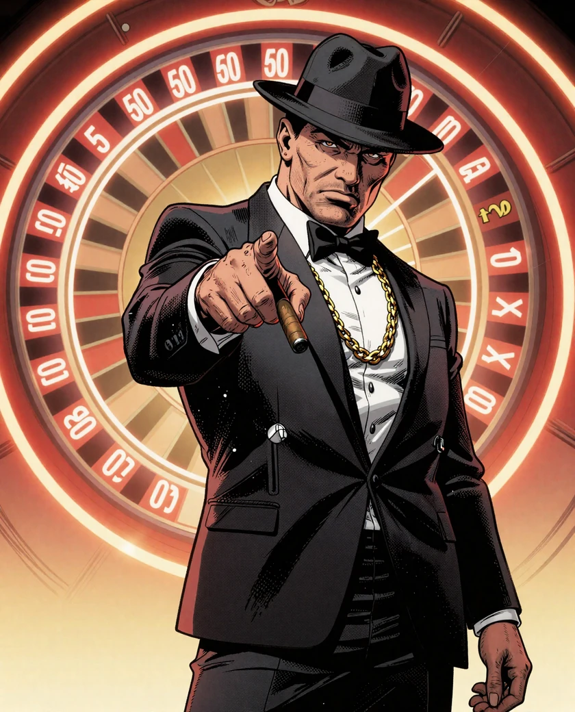 Gangster-Maskottchen vom Total Casino im Smoking mit Fedora
