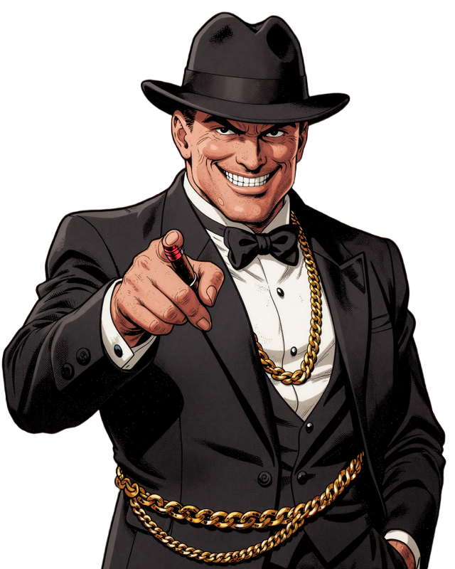 Gangster-Maskottchen vom Total Casino im Smoking mit Fedora