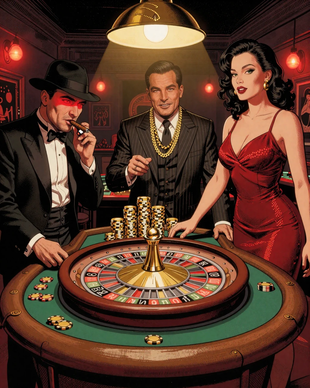 Total Casino Gangster Crew Don Vito Lucky Luca und Dealerin Rosa am Live Roulette Tisch mit goldenen Chips