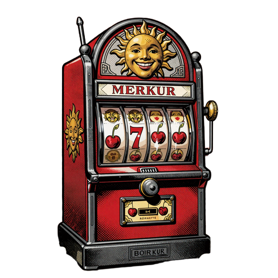 Merkur Spielautomat im Gangster-Comic-Stil mit lachender goldener Sonne und Kirschensymbolen