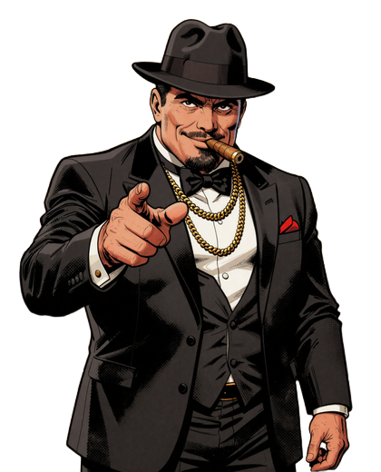 Gangster-Maskottchen vom Total Casino im Smoking mit Fedora