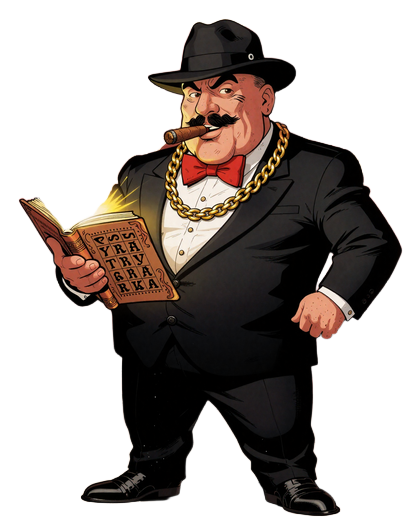 Gangster-Maskottchen vom Total Casino im Smoking mit Fedora