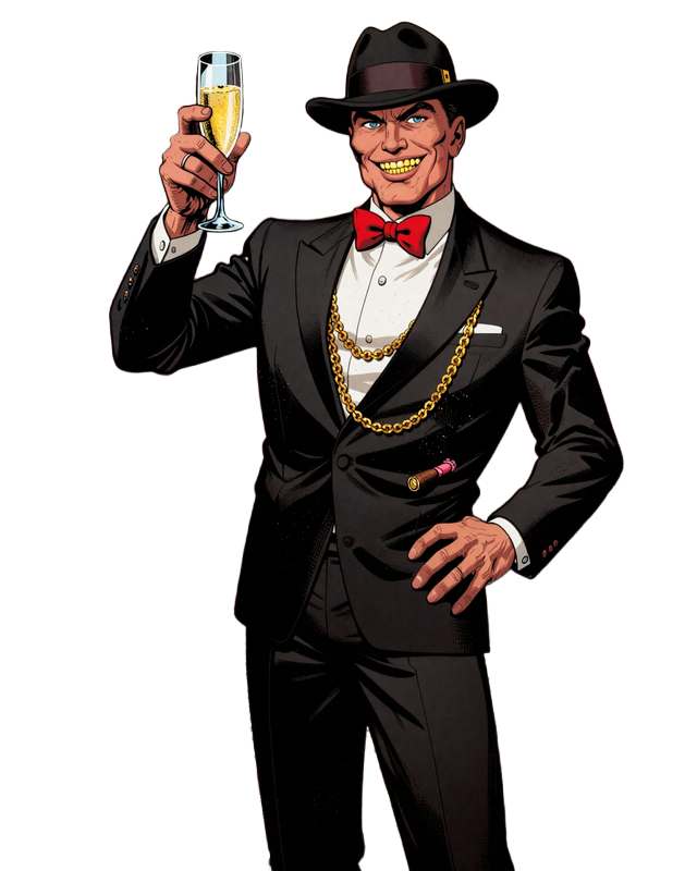 Gangster-Maskottchen vom Total Casino im Smoking mit Fedora