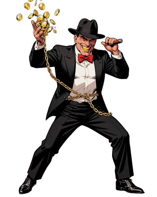 Gangster-Maskottchen vom Total Casino im Smoking mit Fedora