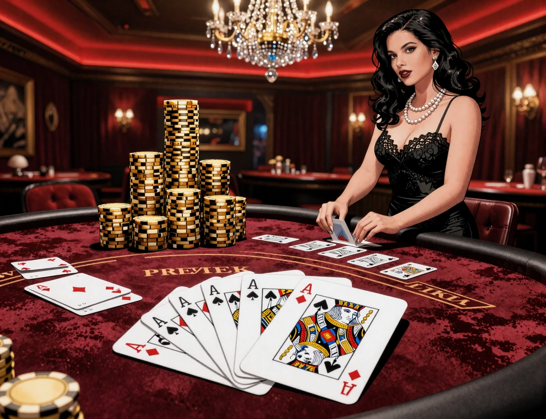 Prestige Live Blackjack Tisch mit Dealerin Rosa Ass K&ouml;nig Blackjack und goldenen Chip Stapeln
