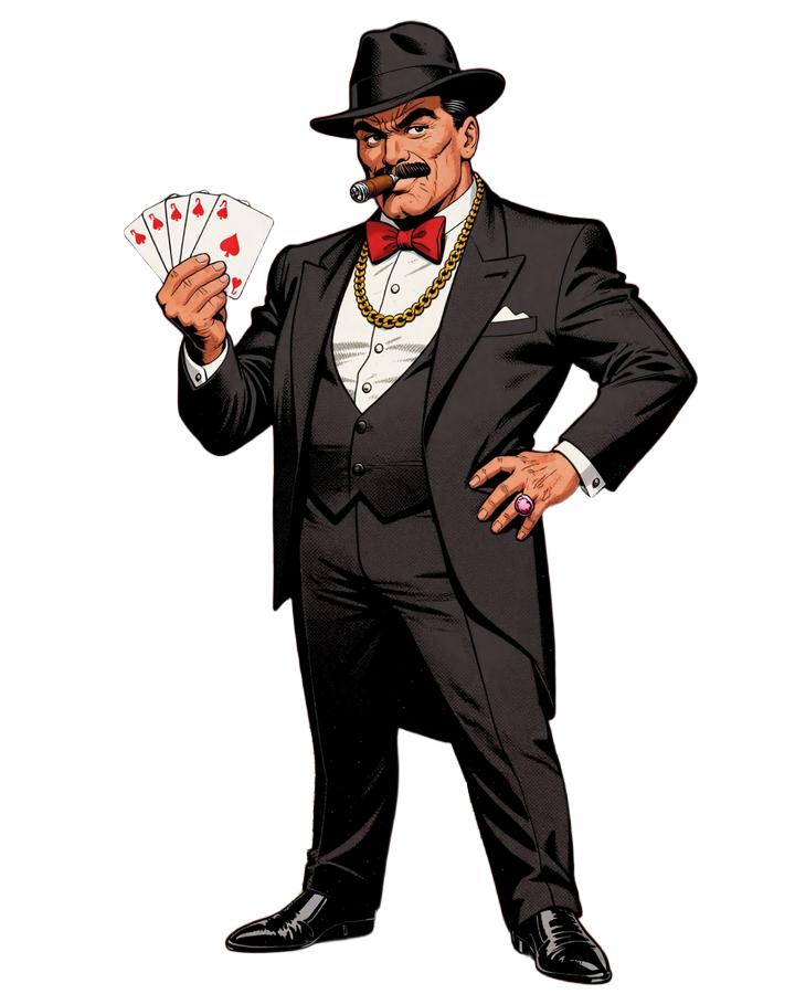 Don Vito Total Casino Gangster Maskottchen im schwarzen Smoking mit Fedora und Zigarre vor Goldm&uuml;nzen