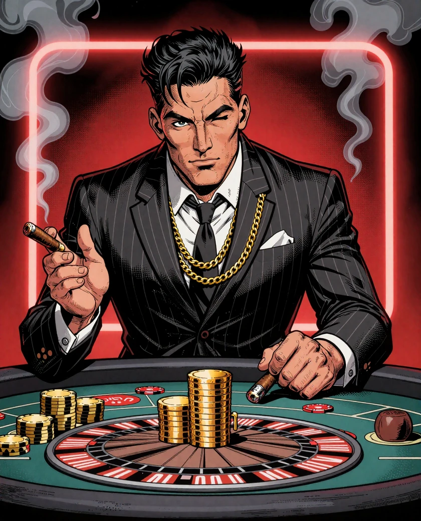 Gangster-Maskottchen vom Total Casino im Smoking mit Fedora