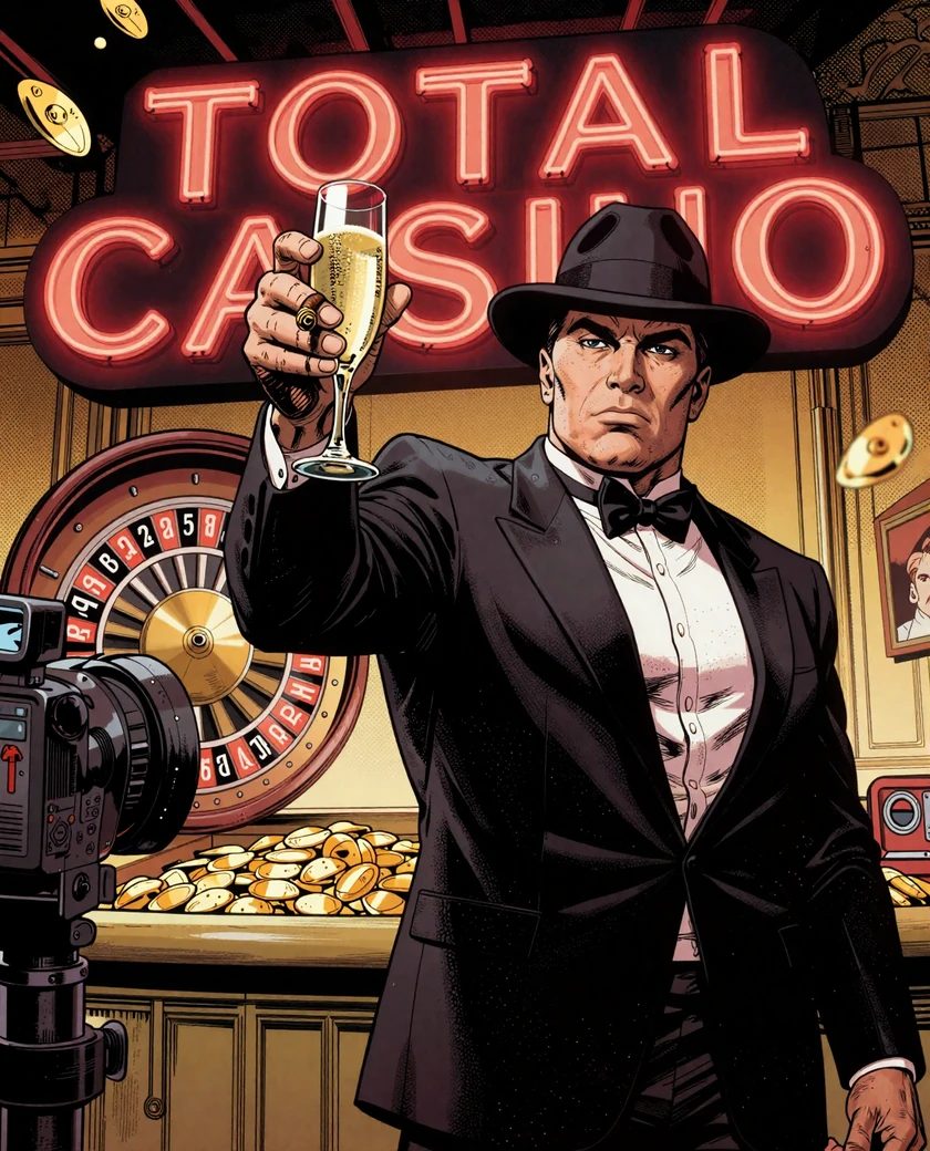 Gangster-Maskottchen vom Total Casino im Smoking mit Fedora