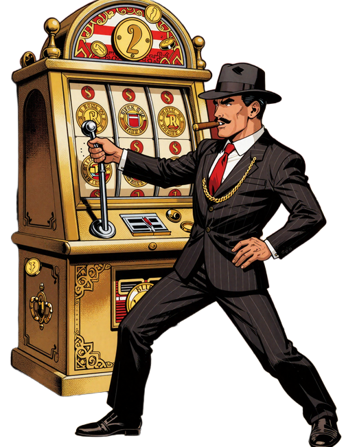 Lucky Luca Total Casino Gangster Maskottchen zieht Hebel einer goldenen Spielautomat voller M&uuml;nzen